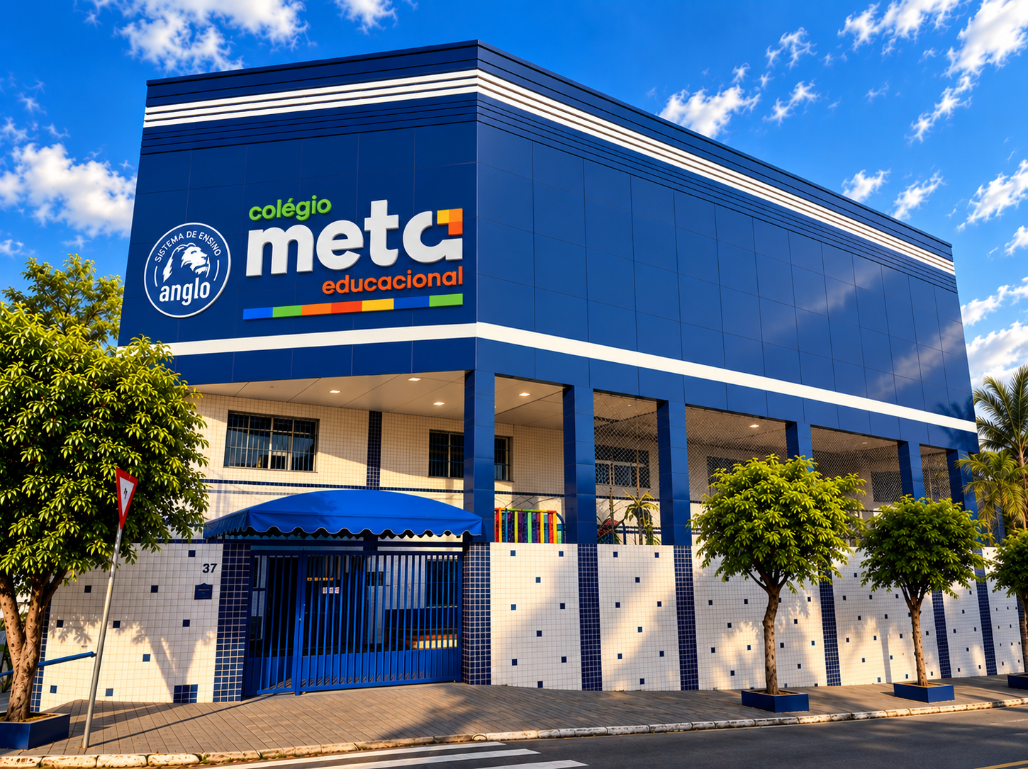 Imagem editada da fachada do Colégio Meta Educacional, fornecida pelo colégio