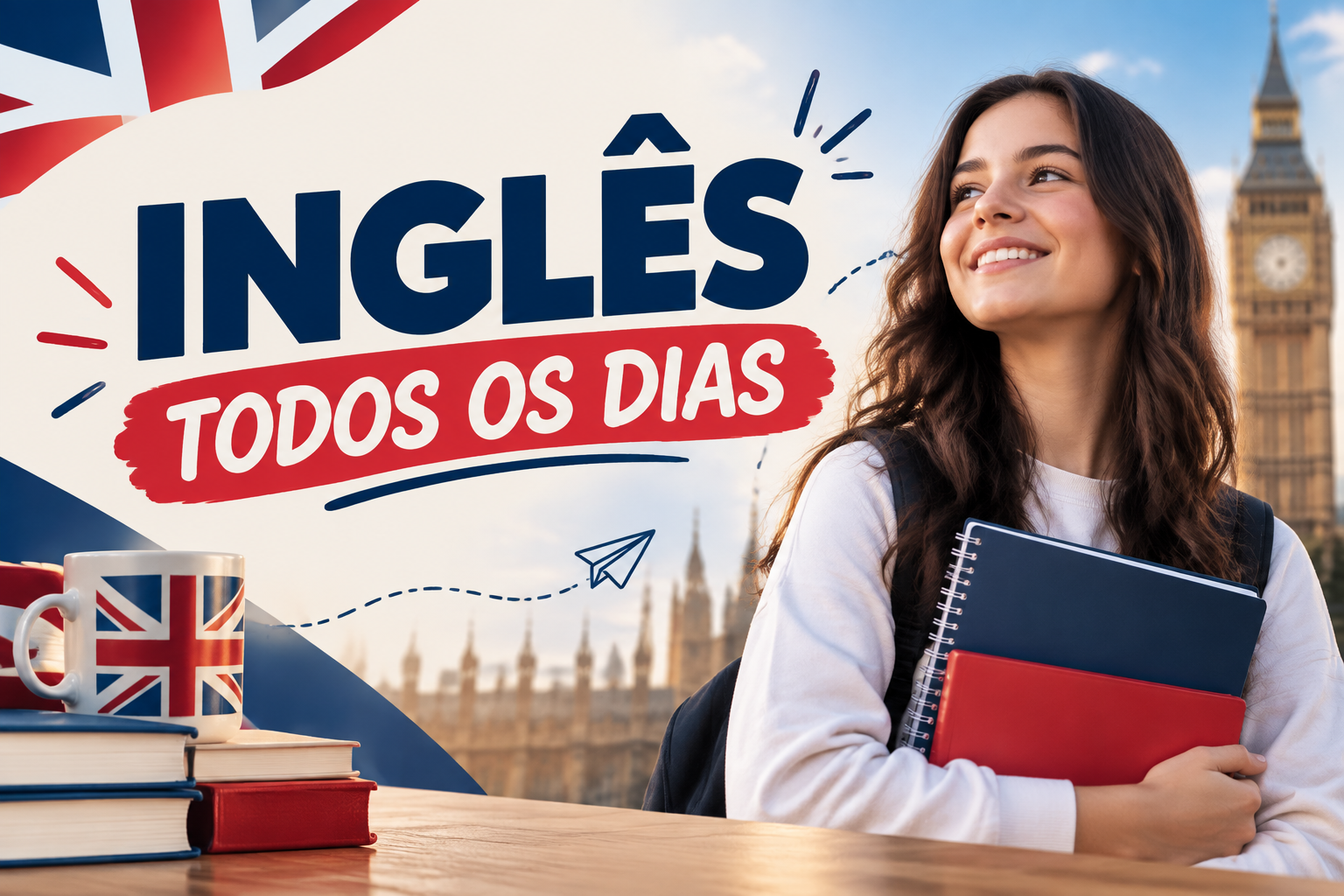 Inglês todos os dias: estudante com cadernos e elementos de Londres
