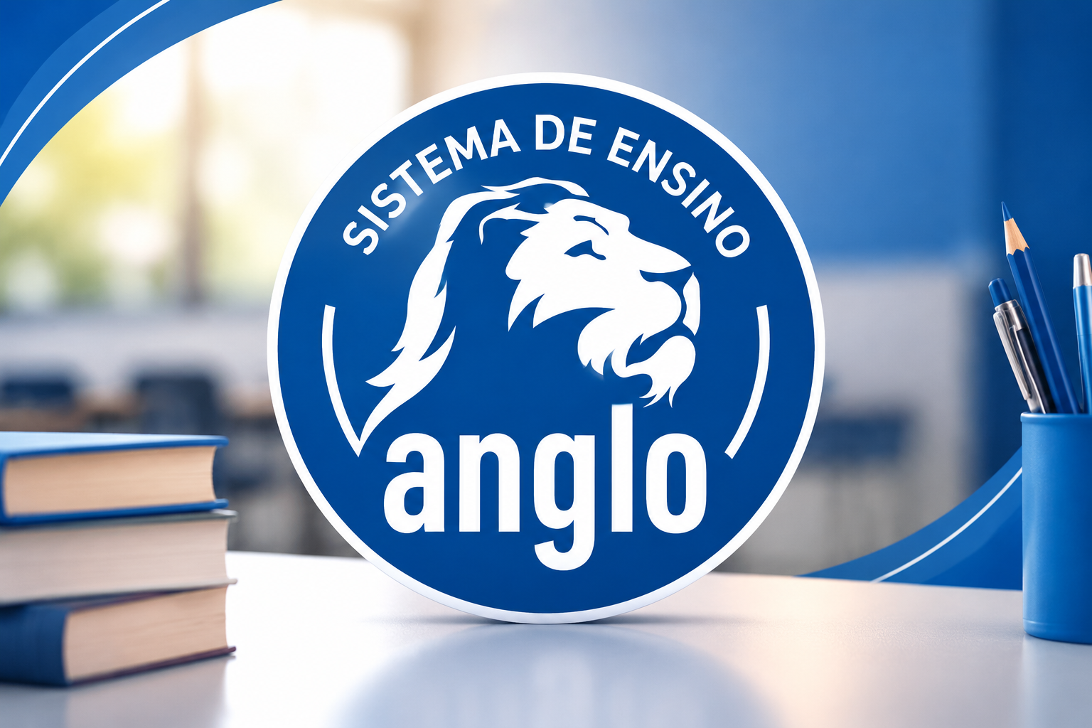 Sistema de Ensino Anglo: símbolo do leão e materiais escolares