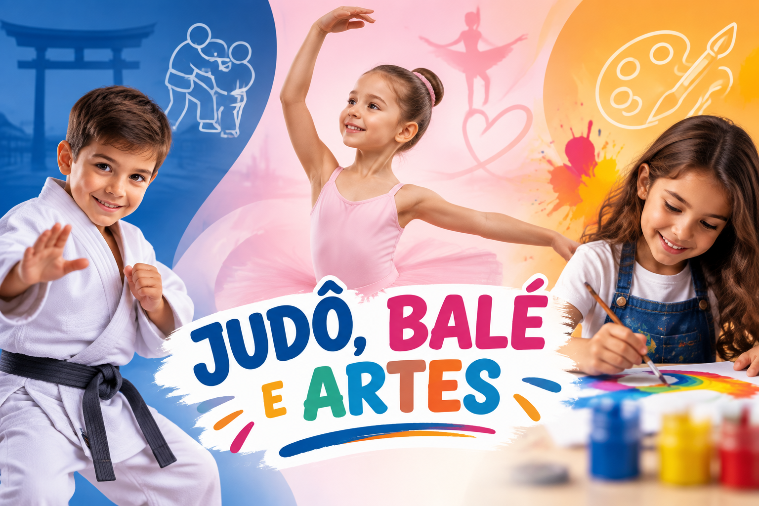 Judô, balé e artes: crianças praticando judô, dança e pintura